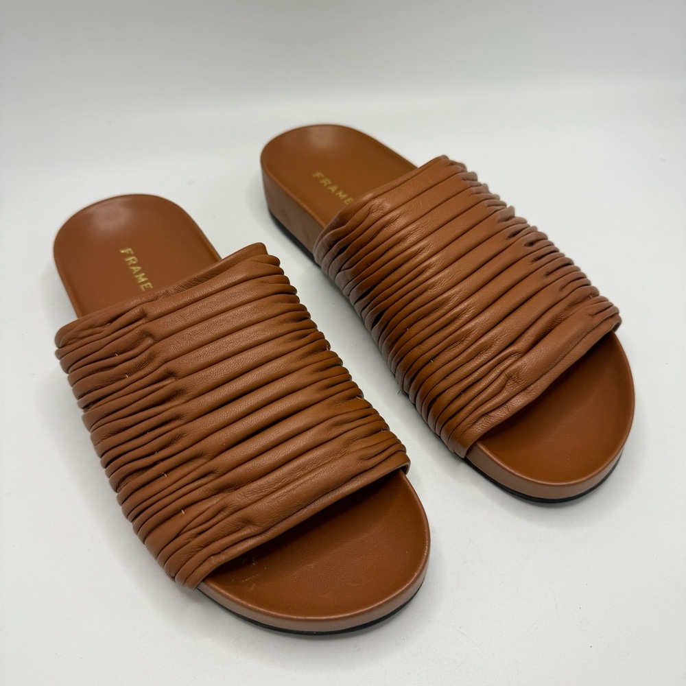 Frame Denim Le Reese Cognac Brown Leather Slides Size 36.5 New